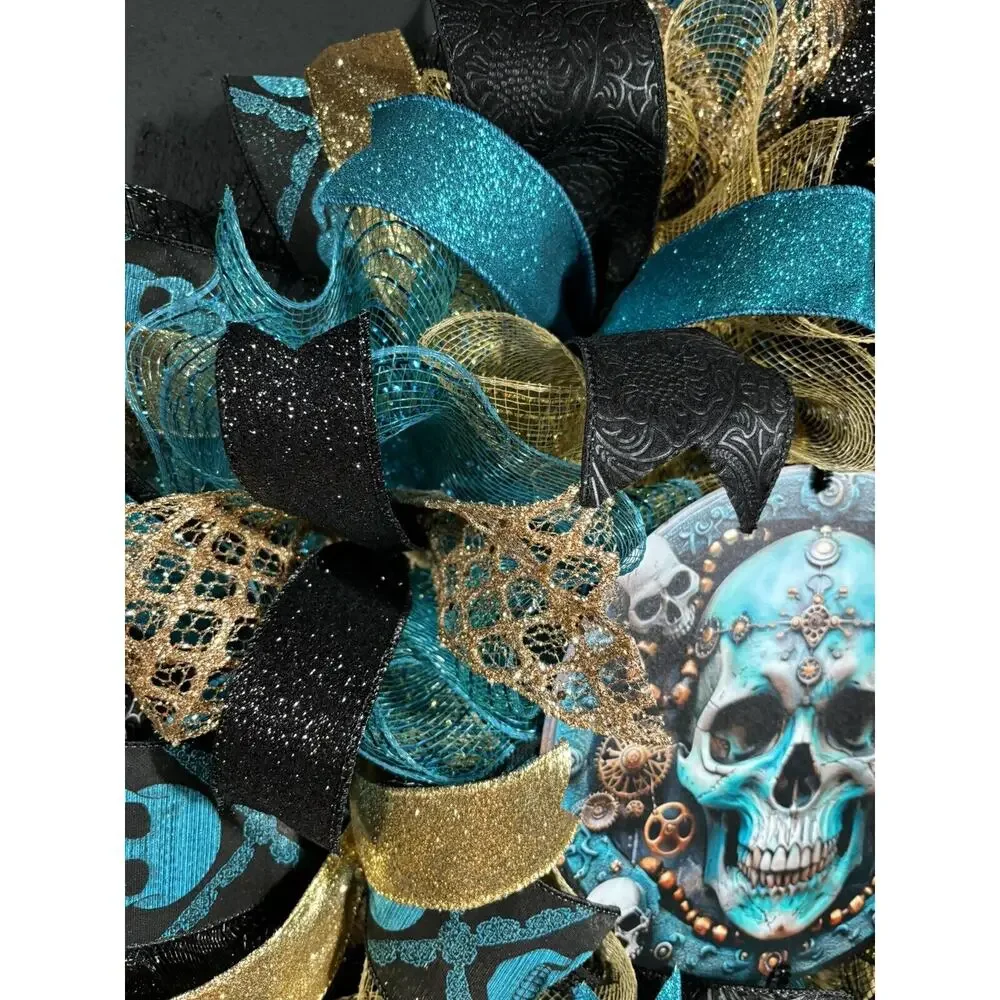 Handmade Halloween Wreath Teal Blue & Gold Steampunk Skull 24 Inch Deco Mesh